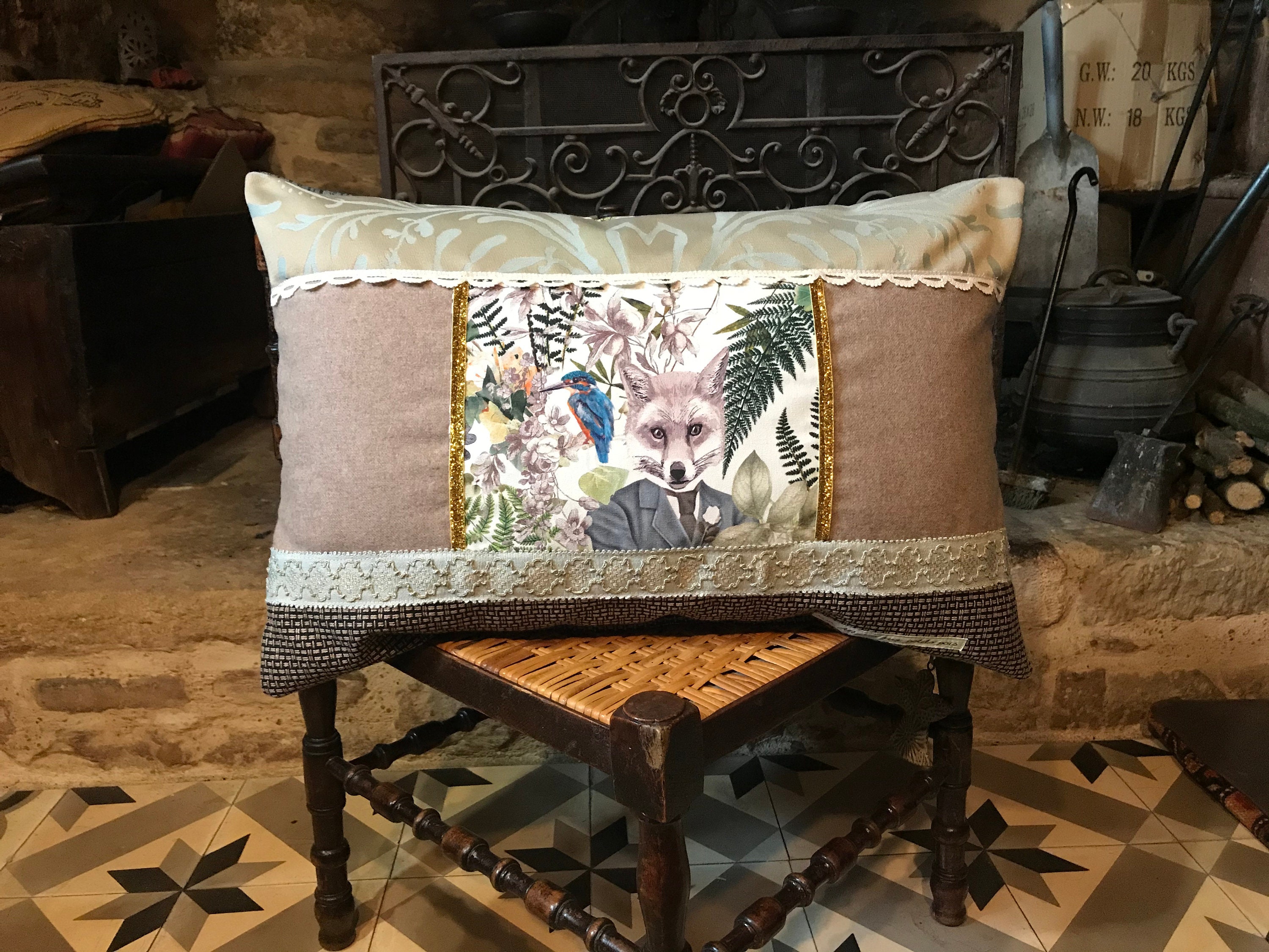 Grand Coussin Nature Pastel Renard et Martin Pêcheur Mister Fox Martin