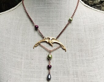 Art-nouveau crane necklace in gilded brass and swarovski crystal "In the kingdom of Ondine"