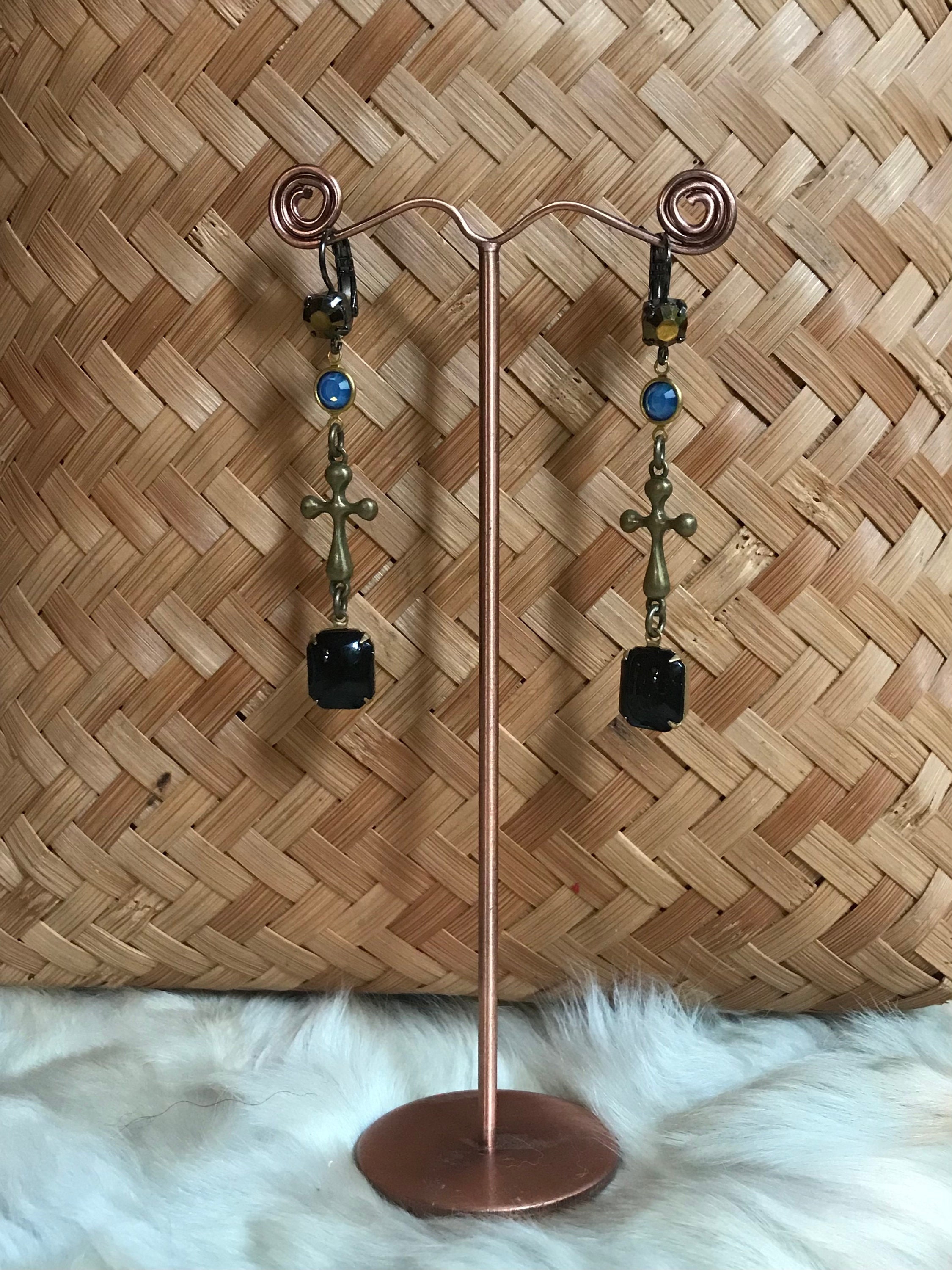 Gothic chic cross and crystal earrings "Full moon at the castle"