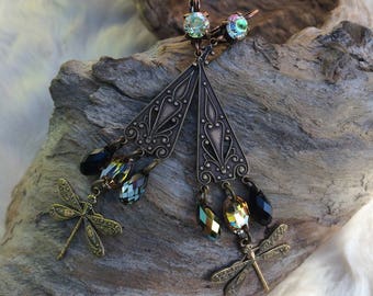Art nouveau fairy, brass and "to the Kingdom of misty" swarovski crystal earrings