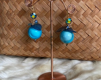 Chic earrings with large turquoise blue beads, leaves and Swarovski crystal "Spring flowers"