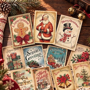 Puede incluir: Una colección de tarjetas de felicitación navideñas de estilo vintage con ilustraciones de Santa Claus, un muñeco de nieve, un hombre de jengibre, regalos, un trineo, flores de pascua, campanas y villancicos con texto como Happy Christmas.