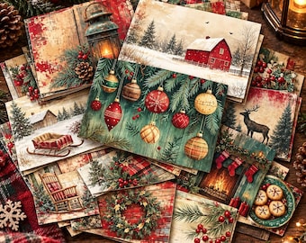 May include: A collection of rectangular Christmas greeting cards featuring various holiday scenes including a red barn in snow, hanging ornaments on pine branches, a wooden rocking chair, a fireplace with stockings, and a festive wreath.