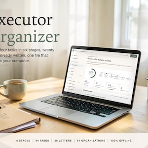 May include: A laptop displaying an Executor Organizer dashboard with text stating: Executor Organizer, Ninety-four tasks in six stages, twenty letters already written, one file that stays on your computer, 6 STAGES, 94 TASKS, 20 LETTERS, 61 ORGANIZATIONS, 100% OFFLINE.
