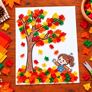 Peut inclure: Un projet de bricolage sur papier blanc représentant un tronc d'arbre marron dessiné à la main, avec des branches ornées de petites feuilles en papier de soie froissé rouge, orange, jaune et vert, et une illustration d'un enfant.