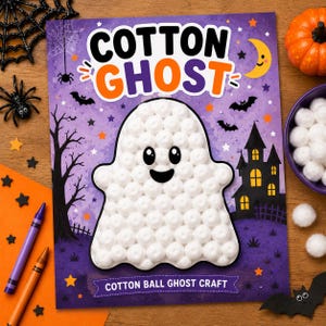 Puede incluir: Una hoja de manualidades rectangular titulada COTTON GHOST con un contorno de fantasma central relleno de bolas de algodón blancas. El fondo morado presenta una casa encantada negra, murciélagos, una luna creciente amarilla y estrellas naranjas. El texto dice COTTON BALL GHOST CRAFT.