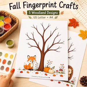 Może przedstawiać: Fall Fingerprint Crafts 5 Woodland Designs US Letter + A4. Biała kartka papieru przedstawia ilustrację brązowego drzewa z lisem, dyniami i grzybami. Koszyk zawiera małe pojemniki z farbami w kolorach pomarańczowym, czerwonym, zielonym i brązowym.