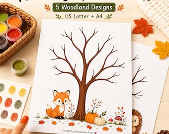 Fall Fingerprint Crafts for Kids, Woodland Tree Painting Activity, Preschool Fall Craft, 5 Printable Designs, US Letter & A4