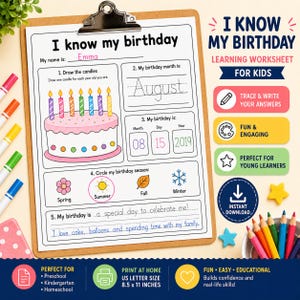 Puede incluir: Una hoja de trabajo educativa titulada I know my birthday en un portapapeles. La página incluye secciones para escribir un nombre, dibujar velas en un pastel, completar el mes, día y año de nacimiento, y rodear la estación del año correspondiente.