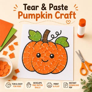 Può includere: Un foglio di attività Tear & Paste Pumpkin Craft con un'illustrazione di zucca riempita con pezzi di carta strappati arancioni e verdi. Include una colla stick, forbici arancioni, ritagli di carta e i testi: Fun & Easy for Kids, Develops Fine Motor Skills, Print & Play, Instant Download PDF.