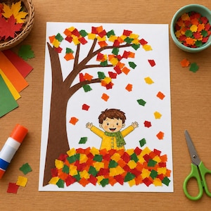 May include: A paper craft project on a white sheet featuring a brown construction paper tree with scattered red, yellow, and green paper leaf cutouts. A cartoon illustration of a child in a yellow jacket and green scarf stands in a pile of leaves.