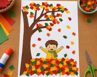 May include: A paper craft project on a white sheet featuring a brown construction paper tree with scattered red, yellow, and green paper leaf cutouts. A cartoon illustration of a child in a yellow jacket and green scarf stands in a pile of leaves.