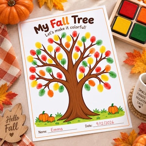 May include: A white paper activity sheet titled My Fall Tree Let's make it colorful! featuring a brown tree illustration with colorful fingerprint leaves in red, yellow, orange, and green, two pumpkins at the base, and lines for Name and Date.