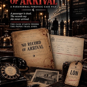 Könnte beinhalten: Ein paranormales forensisches Fallakten-Spiel mit dem Titel No Record of Arrival, bestehend aus einem alten schwarzen Wählscheibentelefon, einer Passagierliste eines Dampfschiffs, einem Gepäckanhänger mit der Aufschrift LON, einem Schiffsfoto und einer Messingglocke.