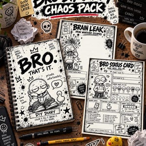 Könnte beinhalten: Ein Bro DIY Diary Chaos Pack mit einem spiralgebundenen Notizbuch namens Bro That's It, einem Brain Leak Zeichenblatt und einer Bro Status Card. Das Set enthält schwarz-weiße illustrierte Seiten mit Kronen, Totenköpfen und Enten sowie Stifte.