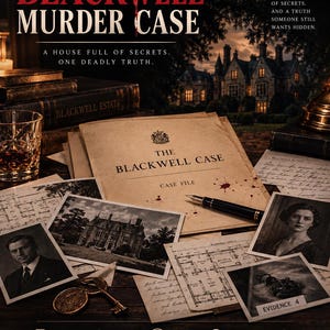 Könnte beinhalten: Das Spiel The Blackwell Murder Case enthält eine Fallakte, einen Füllfederhalter, Vintage-Fotos eines Herrenhauses und von Personen, Grundrisse, einen goldenen Schlüssel und eine mit Evidence 4 beschriftete Taschenuhr auf dunklem Untergrund.