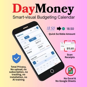 May include: A smartphone displaying the DayMoney smart-visual budgeting calendar app. The screen shows financial data, including a monthly budget of 3,577.17. Features include quick scribble amount entry, receipt scanning, and privacy-focused offline usage.