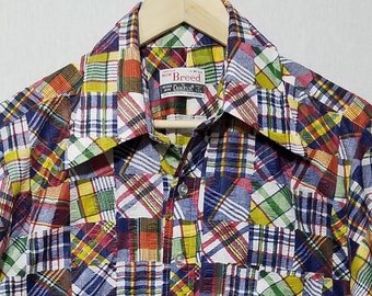 Vintage Wild 1970s Campus Now Breed Patchwork Print Shirt - M - 1970s Mens Fashion