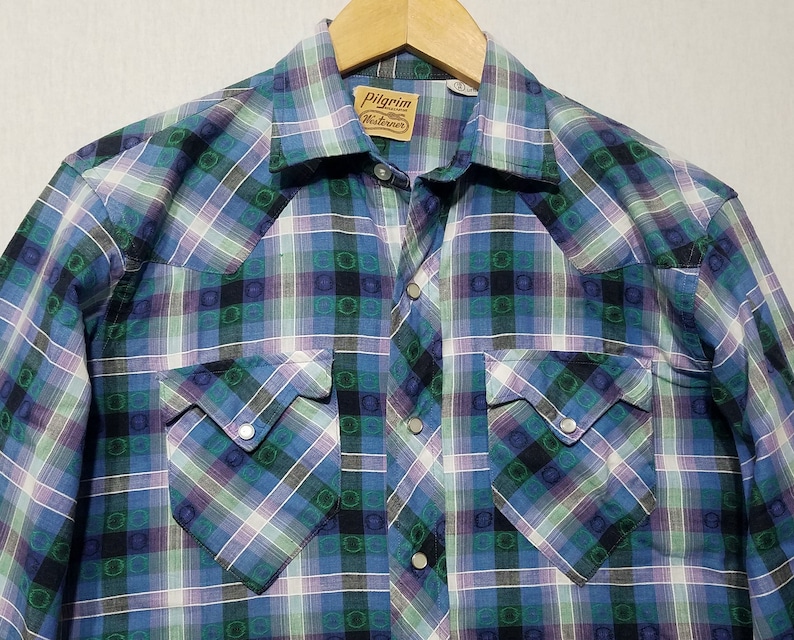 1950s Shirt / M / Plaid Western Shirt / Rockabilly / Cowboy / 1950s Mens Fashion / 1950s Western Shirt / Pilgrim Westerner / 1960s Shirt image 3