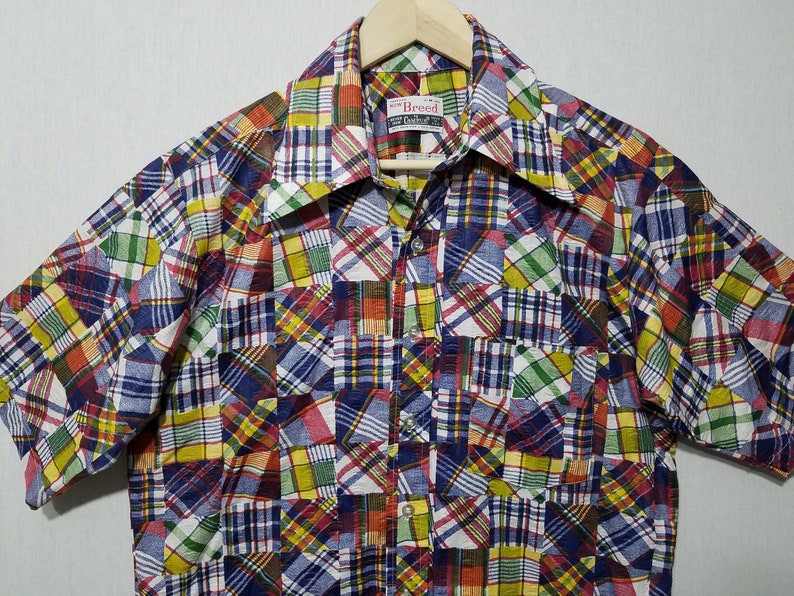 Vintage Wild 1970s Campus Now Breed Patchwork Print Shirt M 1970s Mens Fashion image 2