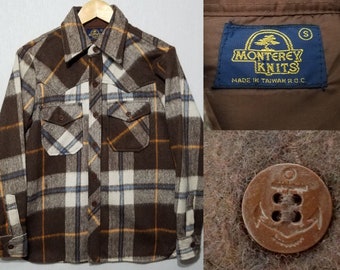 Vintage 1970s Western Style Mens CPO Shirt Jac Jacket - S - Thick Wool Blend Plaid Flannel 1970s Style 1970s Fashion