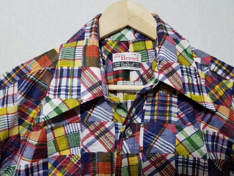 Vintage Wild 1970s Campus Now Breed Patchwork Print Shirt M 1970s Mens Fashion image 3