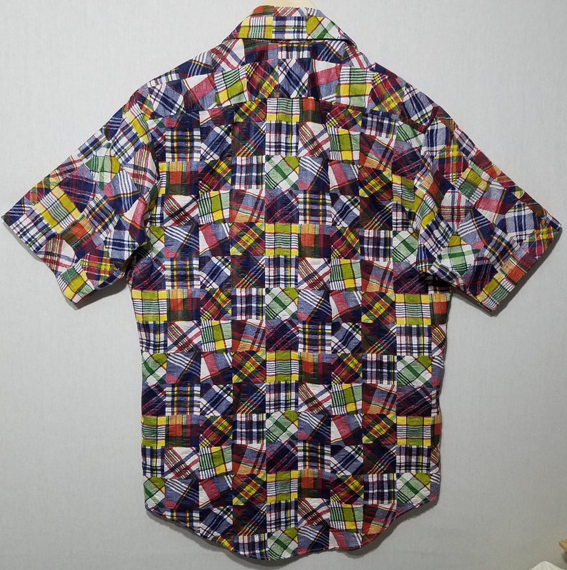 Vintage Wild 1970s Campus Now Breed Patchwork Print Shirt M 1970s Mens Fashion image 4