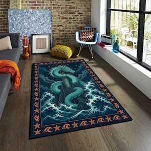 May include: A rectangular area rug featuring a dark blue and teal illustration of a long, serpentine dragon coiled around a lighthouse on a rocky island amidst turbulent ocean waves, framed by a border of alternating orange starfish and wave icons.