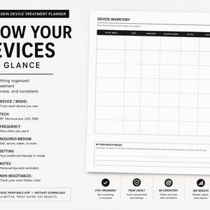 May include: A black and white printable planner page titled At-Home Skin Device Treatment Planner. It features a Device Inventory grid with columns for model, tech, frequency, medium, setting, and notes, plus a section for non-negotiables.