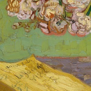 K&ouml;nnte beinhalten: Ein &Ouml;lgem&auml;lde-Detail mit dicken, strukturierten Pinselstrichen aus blassrosa und wei&szlig;en Blumen vor einem hellgr&uuml;nen Hintergrund. Im Vordergrund zeigt ein leuchtend gelber Bucheinband den handschriftlichen Text Emile Zola La Joie de vivre.