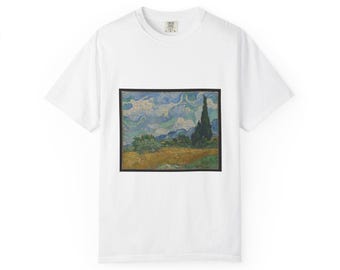 Camiseta con estampado de un campo de trigo con cipreses de Van Gogh, estilo postimpresionista, marca Comfort Colors 1717.