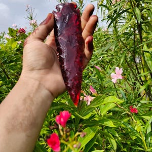 Può includere: Una punta di freccia rosso scuro traslucido con un'estremità affilata e bordi seghettati. L'oggetto presenta una consistenza lucida simile al vetro con motivi a scaglie visibili sulla superficie, creando una forma appuntita distintiva.