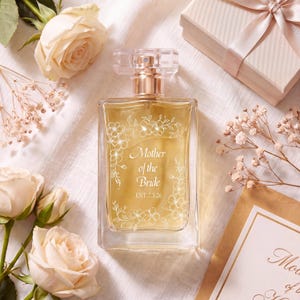 May include: A rectangular glass perfume bottle filled with amber liquid, featuring a white floral engraving and the text Mother of the Bride EST.7.3.26. The bottle has a clear cap and is surrounded by cream-colored roses and baby's breath flowers.