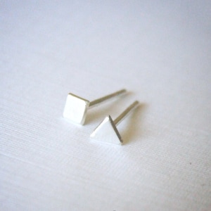 Tiny Geometric Stud Earring - .925 Sterling Silver Square or Triangle dot, Eco-Friendly sterling stud earring, 3mm matte satin gift