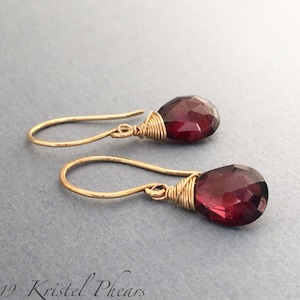 Orecchini in granato in oro laminato o argento - Gioielli con pietra portafortuna di gennaio, regalo, argento sterling giallo o rosa, brillante o ossidato