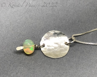 Artisan Welo Opal pendant necklace with Hammered Sterling Silver Circle