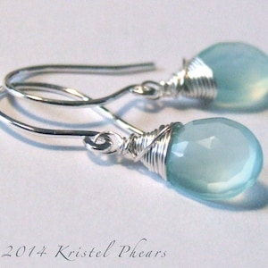 Chalcedony earrings - drop dangle aqua blue mint chalcedony sterling silver or 14k Gold-Filled, wedding, bridesmaid, Gift
