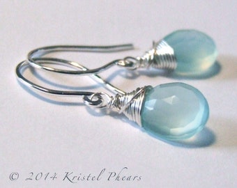 Chalcedony earrings - drop dangle aqua blue mint chalcedony sterling silver or 14k Gold-Filled, wedding, bridesmaid, Gift