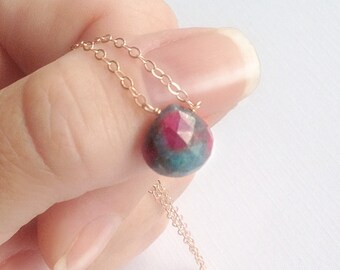 Ruby Zoisite, Ruby Fuchsite Necklace - ruby red, aqua green blue pink gemstone, in eco-friendly gold or silver, modern gift