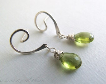 Peridot Earrings - silver or gold August birthstone swirl post dangle drop apple lime green Eco-friendly bridal anniversary Gift