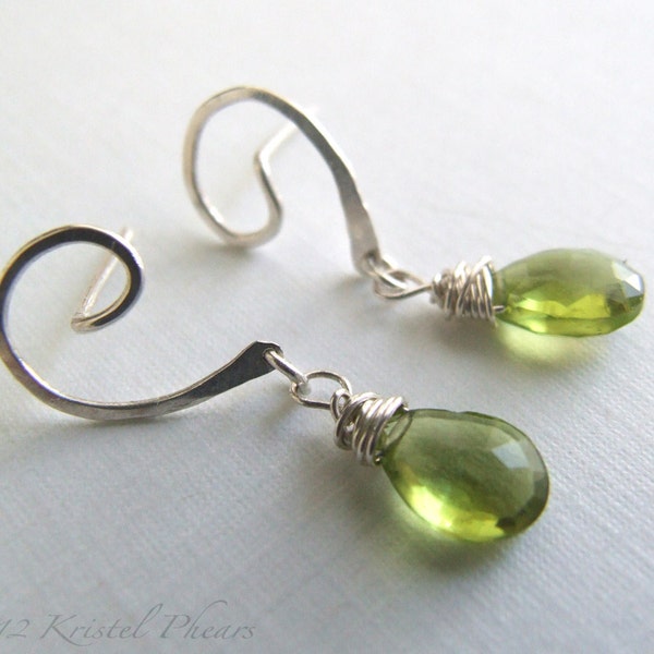Peridot Earrings - silver or gold August birthstone swirl post dangle drop apple lime green Eco-friendly bridal anniversary Gift