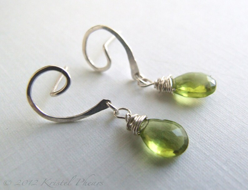 Peridot Earrings silver or gold August birthstone swirl post dangle drop apple lime green Eco-friendly bridal anniversary Gift image 1