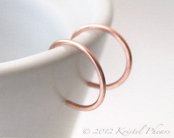 Tiny Copper Hoops - reverse hoop earrings simple classic minimalist basic lightly hammered 1/2" 12mm copper or red brass Gift