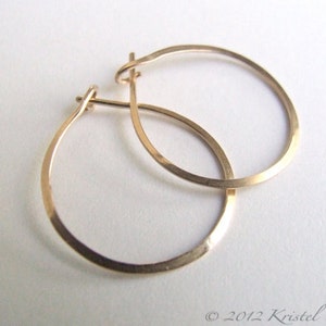 Solid Gold Hoops - small hoop earrings 14k Gold simple classic basic lightly hammered 3/4" .75" (18mm 20mm) daughter Gift