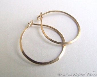Solid Gold Hoops - small hoop earrings 14k Gold simple classic basic lightly hammered 3/4" .75" (18mm 20mm) daughter Gift