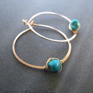 Turquoise earrings - genuine turquoise hoop earrings gold silver 1.25"-1.5" 36mm Nevada Blue December birthstone, Eco-Friendly Gift