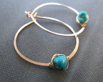 Turquoise earrings - genuine turquoise hoop earrings gold silver 1.25"-1.5" 36mm Nevada Blue December birthstone, Eco-Friendly Gift