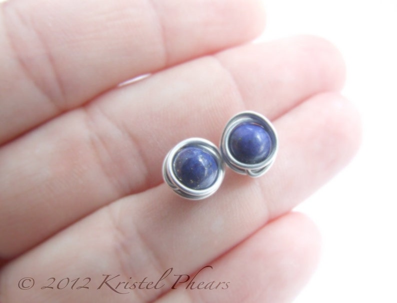 Lapis stud earrings sterling silver tiny lapis lazuli wire wrapped ear posts royal blue September Birthstone Gift image 3