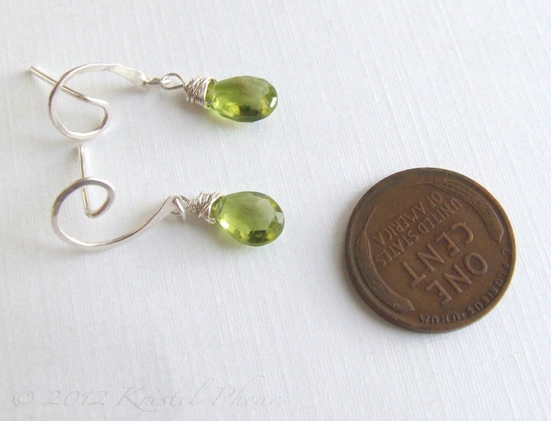 Peridot Earrings silver or gold August birthstone swirl post dangle drop apple lime green Eco-friendly bridal anniversary Gift image 3