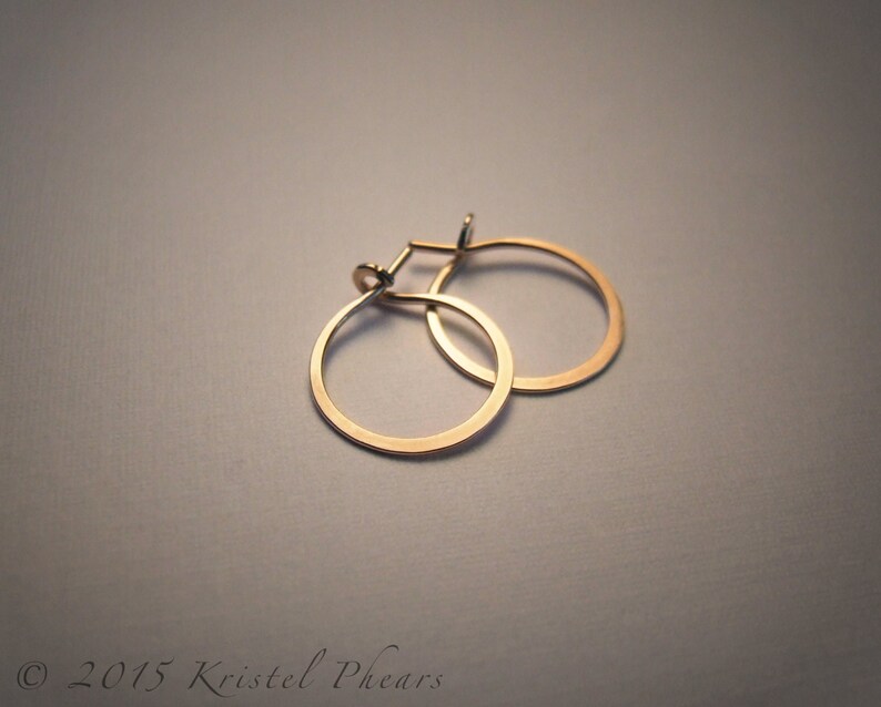 Solid Gold Hoops tiny hoop earrings 14k Gold simple classic sleeper hoops basic lightly hammered 1/2 12mm 10mm Mother Daughter Gift image 1